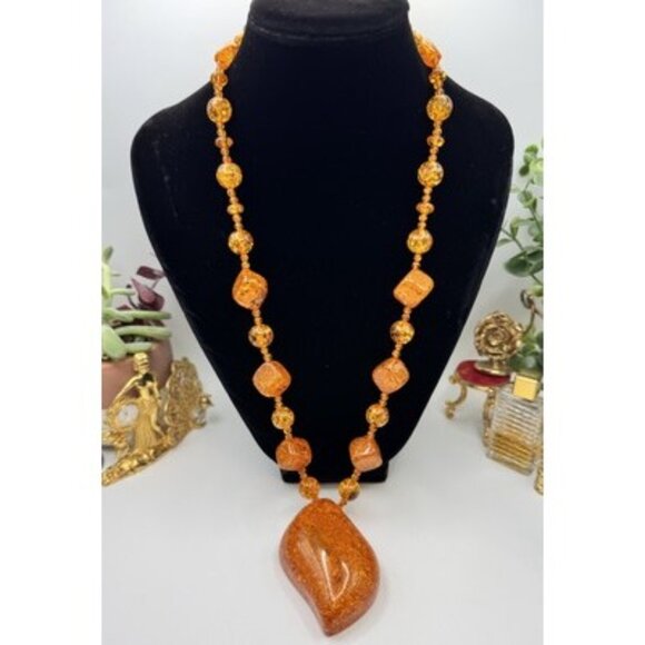 Chunky Ambar Lucite Necklace & Bracelet Large Glitter Set ArtDeco Styel 3 Tones - Picture 3 of 11